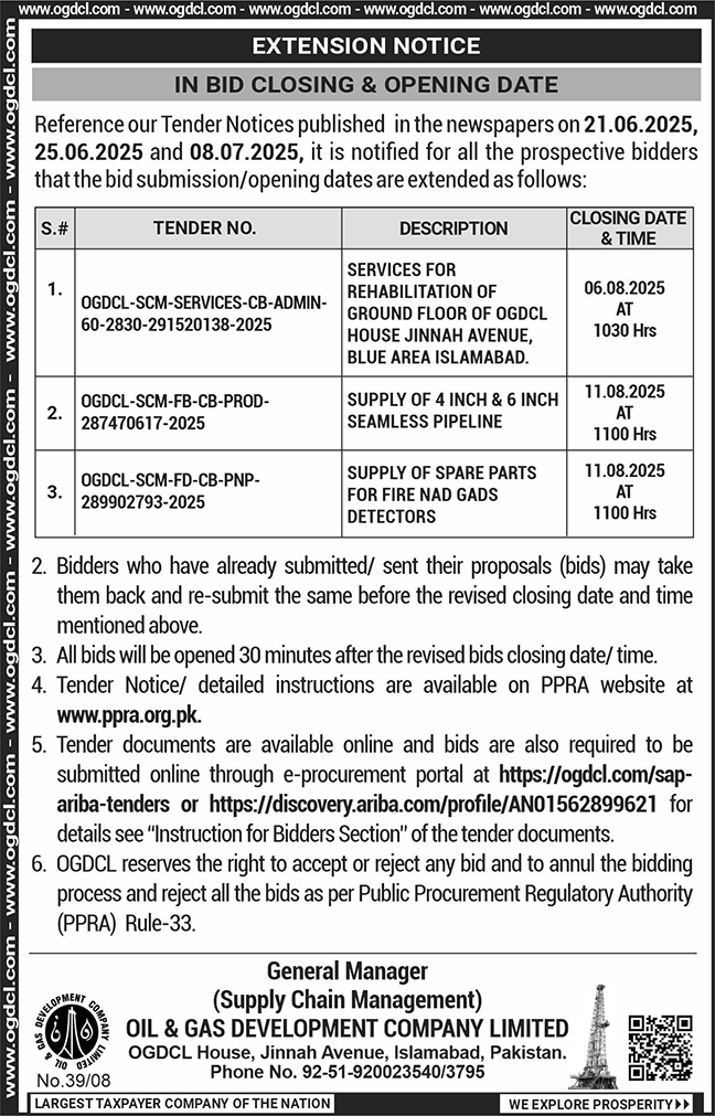 Oil & Gas Development Company Limited Islamabad Tender Notice